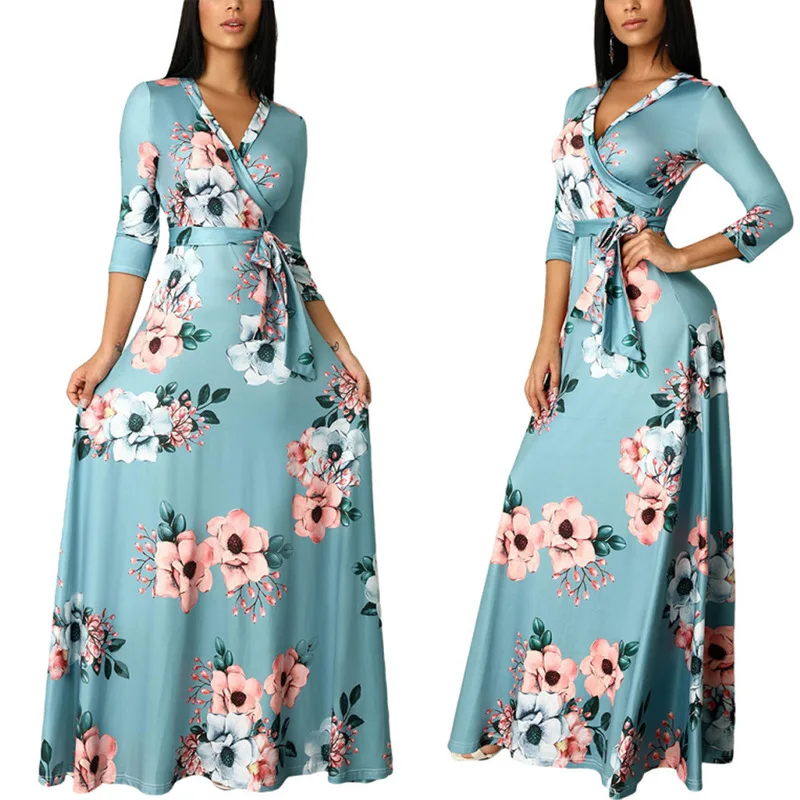 

Women Long Dress Sexy Party Bohemian Plus Size Floral Print Elegant Maxi Bodycon Bandage Boho big flower dresses Autumn Summer