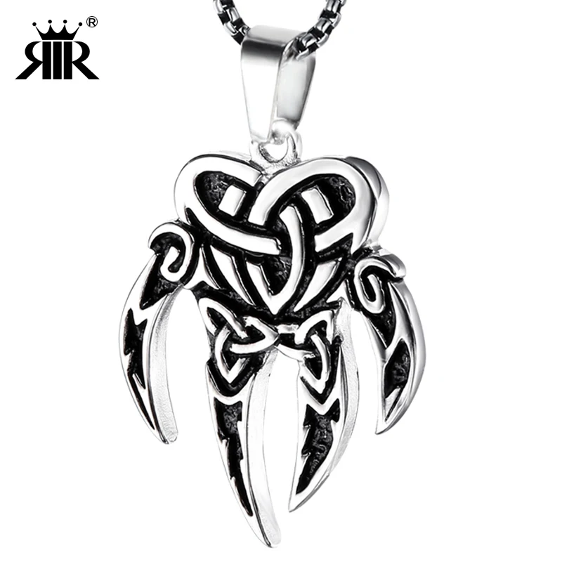 

RIR Mens Stainless Steel Pendant Necklace Viking Bear Paw Irish Celtic Knot Triquetra Amulet Vintage With 24 Inch Chain