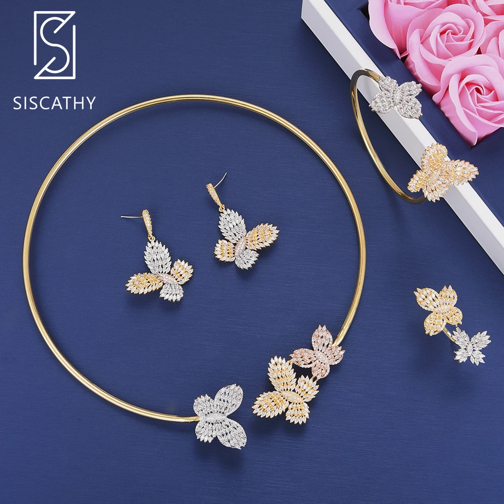 

SISCATHY Fashion Butterfly Cubic Zirconia Wedding Necklace Dangle Earrings Resizable Bracelet Ring Jewelry Set boucle d'oreille