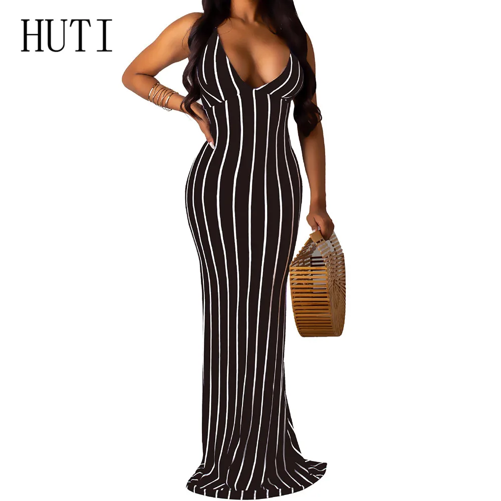 

HUTI Plus Size XXL Backless Deep V-neck Maxi Dress Summer Sexy Bodycon Pencil Dress Women Elegant Vintage Striped Slim Dresses