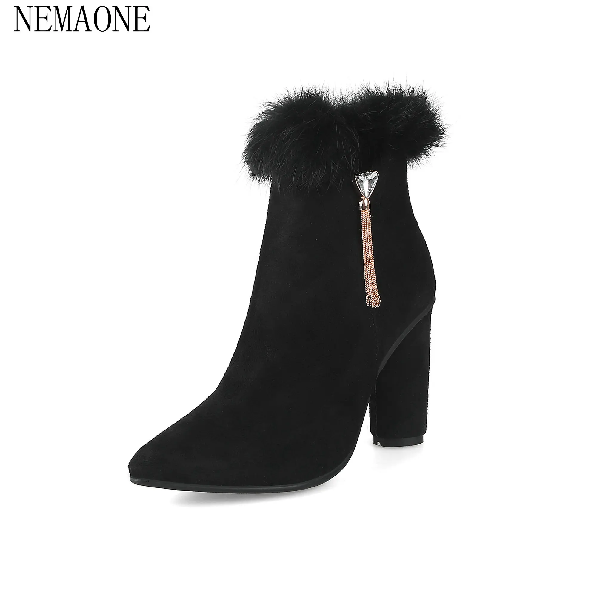 

NEMAONE 2017 Lady High Heel Ankle Boots Women Slip On Thick Heel Warm Boot Female Fashion Dating Short Chelsea Boots