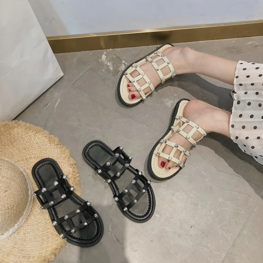 Verano 2019! zapatos romanos con remaches para mujer, bajas de cuero PU de marca, zapatos de playa con punta para niñas, zapatos de vacaciones|Sandalias - AliExpress