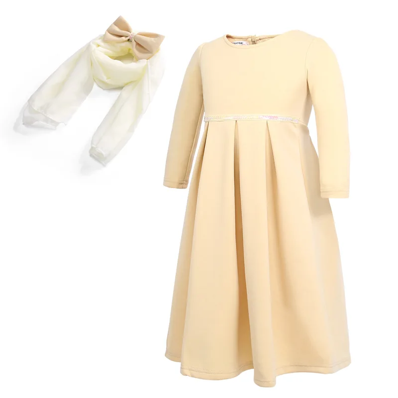 Middle East Hui girl long-sleeved Muslim set dress + headscarf two-piece set of solid Arabic children's  princess