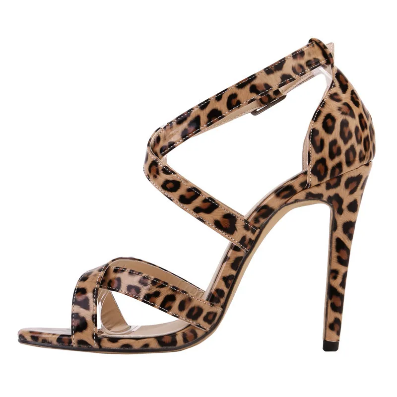 

LOSLANDIFEN Women Gladiator Sandals Cross-tied Leopard Shoes 11CM High Heels Newest Bridal Sandals Plus Size 35-42