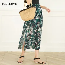 JuneLove летняя богемная Женская юбка с принтом листьев, с высокой талией, с разрезом сбоку, прямая, до середины икры, повседневная юбка, элегантная шифоновая юбка