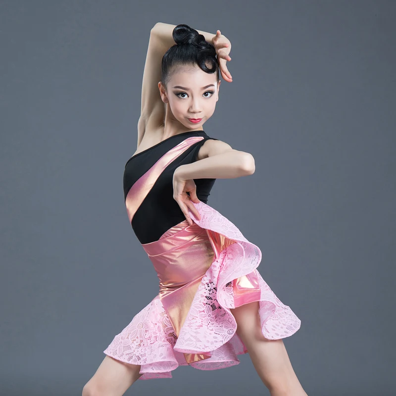 

New Latin Dance Costume Children Girl Latin Skirt Summer Style Performance One Shoulder Latin Dance Dress Sets Black Pink Lace
