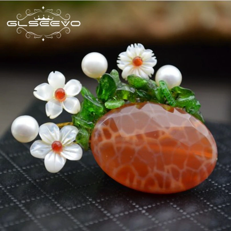 

GLSEEVO Natural Agate Stone Pins Shell Fresh Water Pearl Shell Flower Brooches For Women Dual Use Luxury Fine Jewelry GO0288