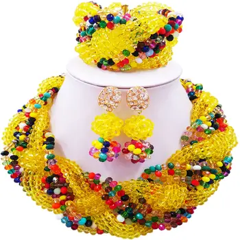 

ACZUV Yellow and Multicolor Beads African Jewelry Nigerian Wedding Necklace Bridal Party Jewelry Set 12C-008