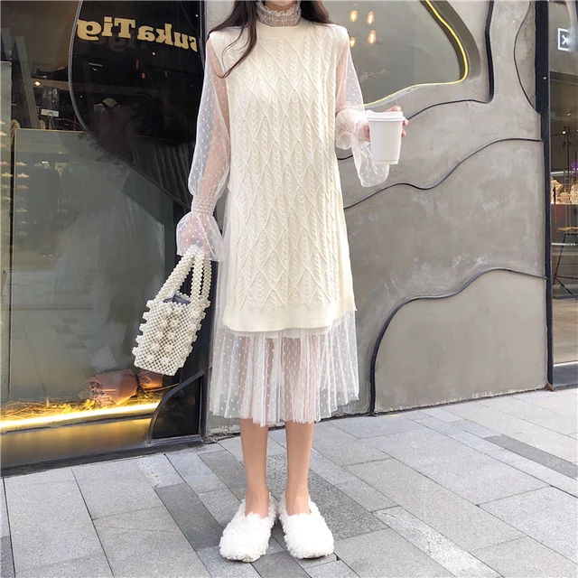 Best Price Womans Autumn Knitted Vest Dress + Mesh Dress Two-Pieces Suits Sets Female Fashion Sleeveless Long Dress Women 2 Piece Set Best Price Womans Autumn Knitted Vest Dress + Mesh Dress Two-Pieces Suits Sets Female Fashion Sleeveless Long Dress Women 2 Piece Set