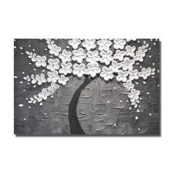 

Hand-painted Big Size Picture Wedding Home Decor Snow White Wall Painting Flower Tree Gray Thick Knife Oil Painting On Canvas