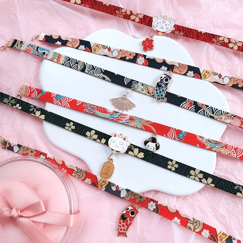 

Doreen Box Classic Japanese Style Ribbon Rope Doll Choker Cute Romantic Women Girls Bird Cat Carp Pendant Short Necklace Jewelry