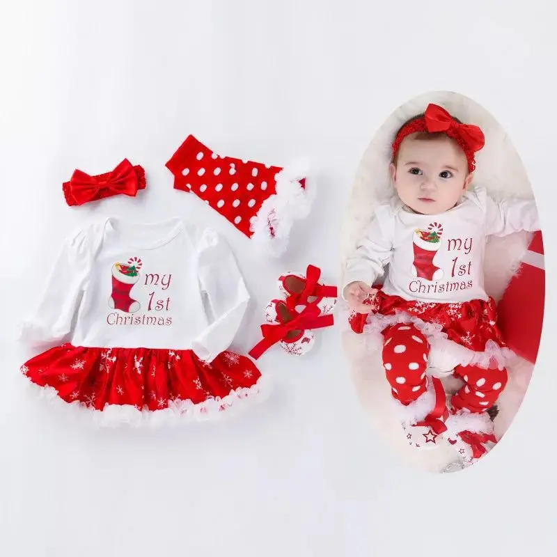 

4 Pcs My First Christmas Outfit For 1 Year Old Baby Girl Clothes Christmas Dress+Headband+Leggings+Shoes Children Princess Suits