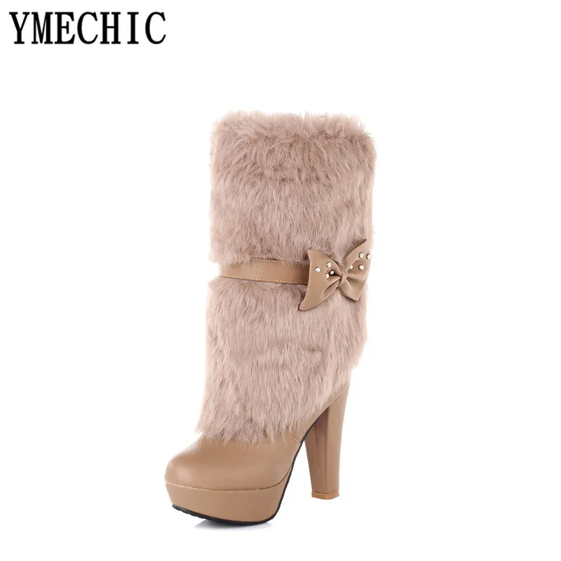 YMECHIC/2018 г. модная зимняя обувь черного и белого цвета на платформе высоком каблуке
