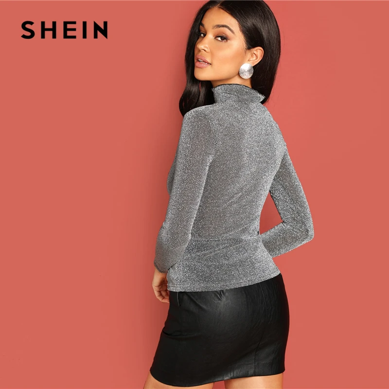 SHEIN серый Highstreet со стоячим воротником Блестящая футболка Современная Леди с длинным рукавом Приталенная футболка Осенняя Повседневная рабочая одежда женские футболки Топ