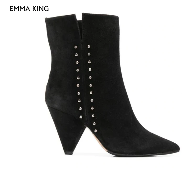 

Spring/Autumn Trendy Pointed Black Rivets Slip-on Ankle Boots Women High Heel Booties Botas Mujer Party Shoes Woman Heels Ladies