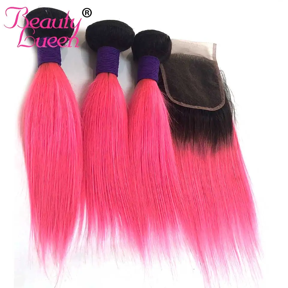 Brazilian Straight Hair 3 Bundles With Closure 1B Pink Two Tone Ombre Color Human Hair Weave With Lace Closure Remy Beauty Lueen (4)