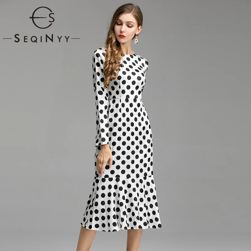 

SEQINYY Trumpet Dress 2019 Summer Spring New Fashion Design Women Slim Sheath Dot Printed Midi White Dress XXL