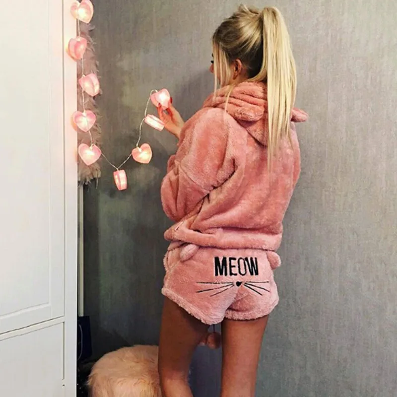 Женская флисовая Пижама, Женский пижамный комплект, Осень-зима, теплая Пижама, женское сексуальное нижнее белье, пижама с котом, женская одежда для сна, домашняя одежда - Цвет: pink