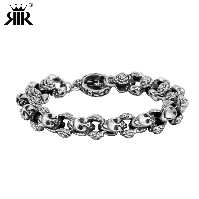 RIR Панк мужской черный череп браслет из нержавеющей стали Скелет Череп ручной браслеты из костяных элементов Большой Винтаж Викинг рок ювелирные изделия