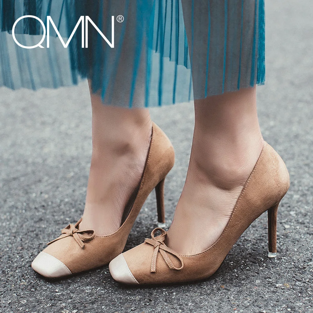 QMN women genuine leather pumps Women Bow Embellished Square Toe Natural Suede Thin Heels Court Shoes Woman Cap-Toe Pumps 34-39