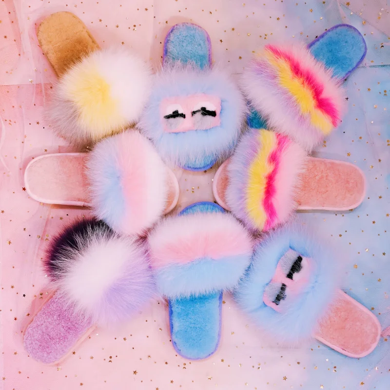 

2019 autumn and winter new Japanese candy fox fur flat bottom warm home word female sandals and slippers