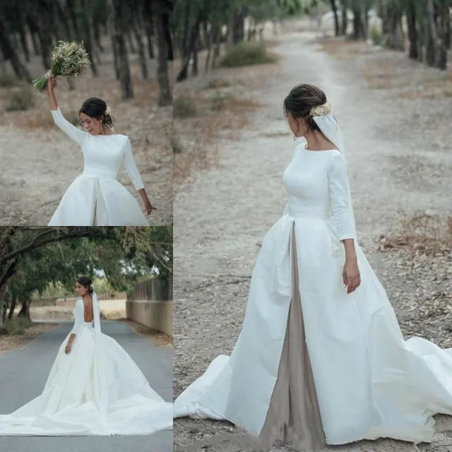 

BONJEAN Simple Satin A Line Wedding Dresses 2019 Sexy Backless Long Sleeves Bridal Spring Chapel Train Wedding Vestidos De Noiva
