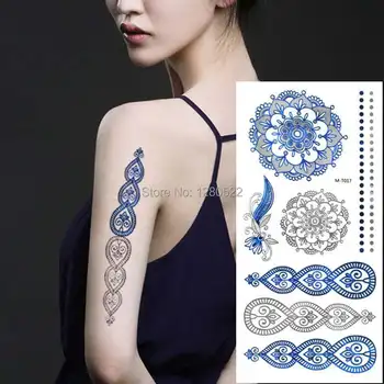 

2pcs Vintage Temporary Tattoo Flash Blue Silver Metallic Tattoo Body Art Women Tatuagem temporaria tatuaje
