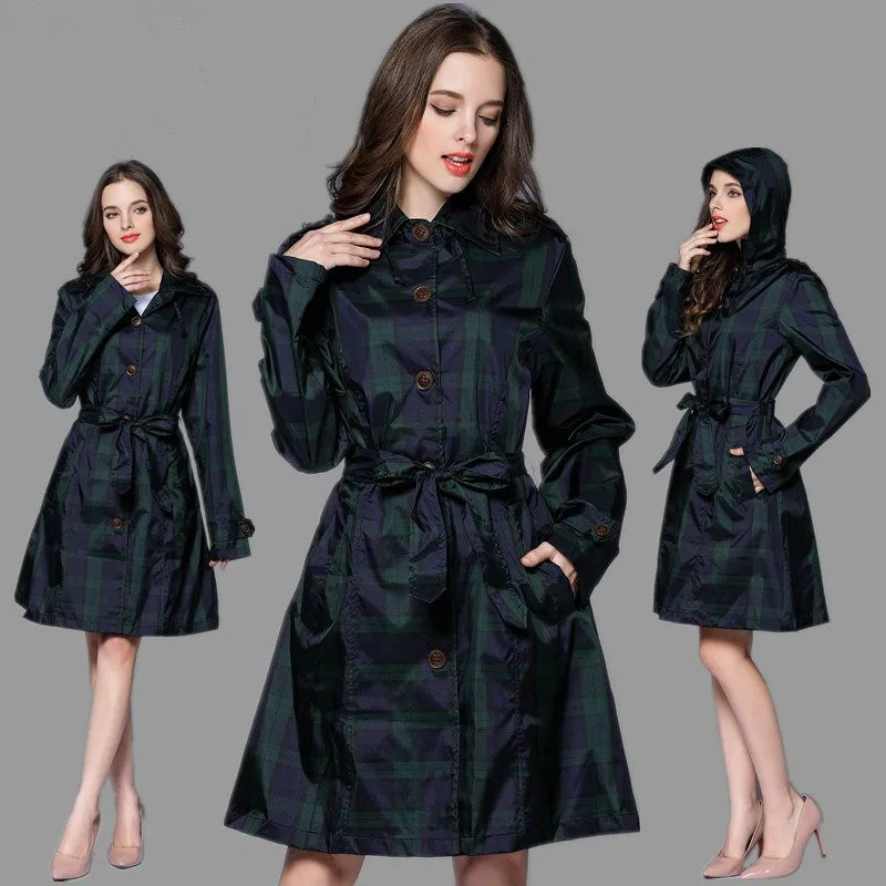 

Long Green lattice Raincoat Women With Belt,Waterproof Rain Coat Ponchos Jackets Female Chubasqueros Impermeables Mujer