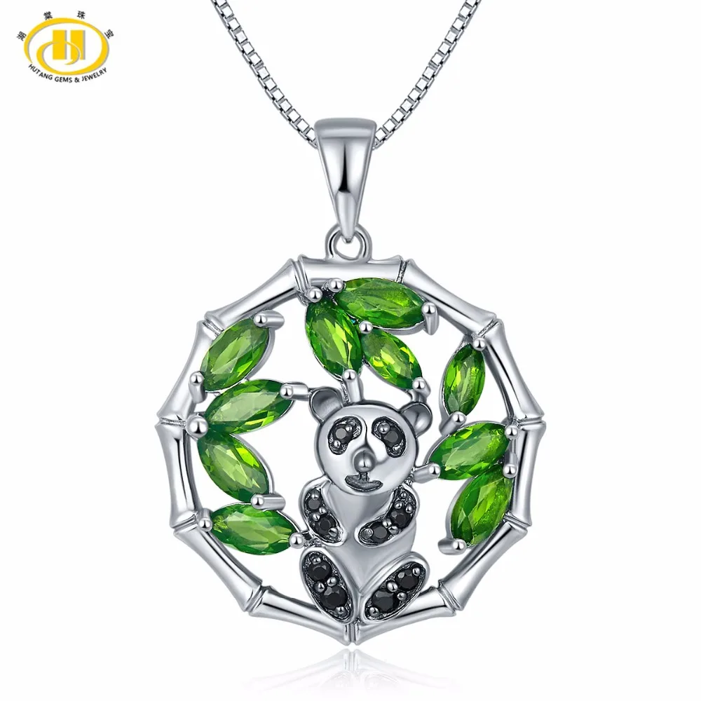 

Hutang 2.3ct Natural Gemstone Chrome Diopside & Spinel Solid 925 Sterling Silver Panda Pendant & Necklace Fine Jewelry For Women