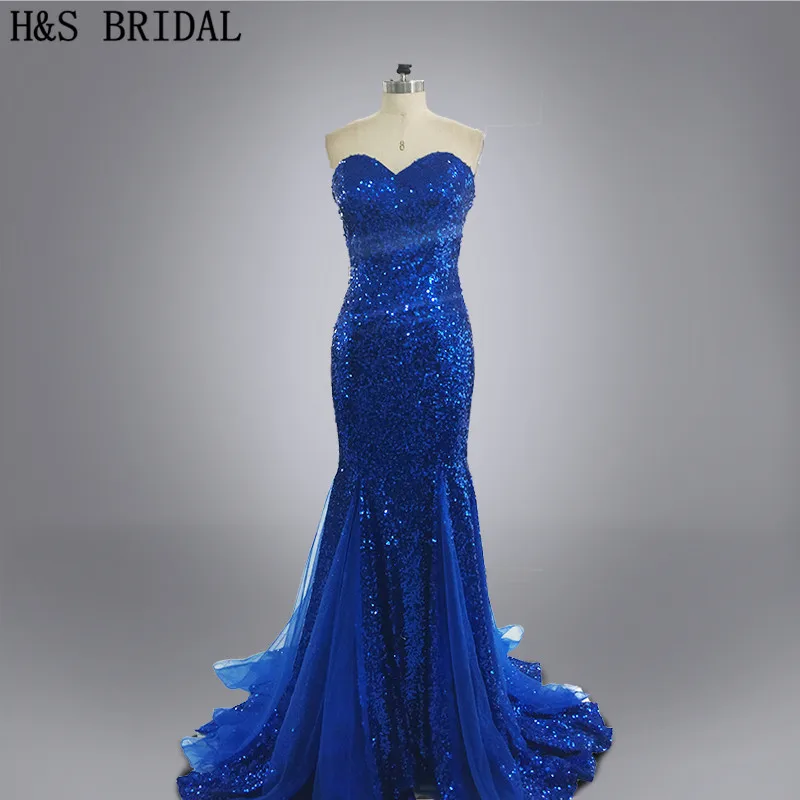 

Real photo Custom made Vestidos Evening party mermaid strapless sexy shinny sequined royal blue evening dress