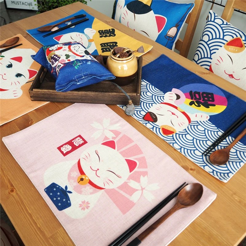 Cute Colorful Lucky Cat Placemat Bar Mat Baby Kids Cotton Linen Plate Mat Table Mat Home Kitchen Pads Coffee Coasters 47x27cm