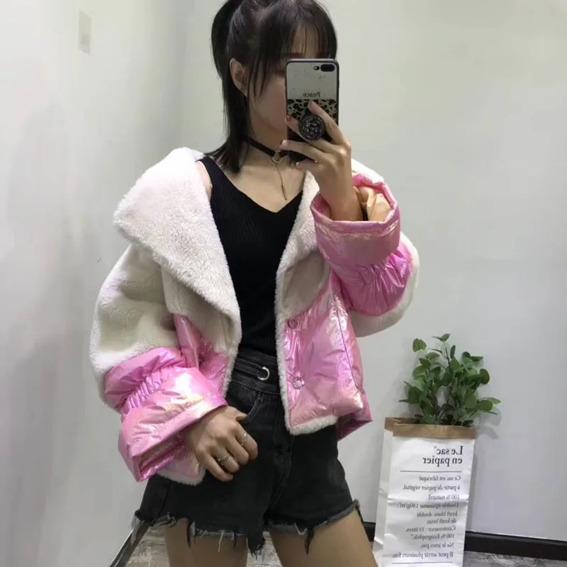 women winter clothing duck down jacket Suit collar 2019 korean harajuku real sheep fur coat wool fur parka patchwork coats