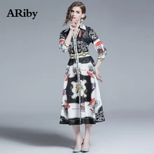 A-line Dress Slimming Black Dress 2019 Summer New Fashion High Street Printed Temperament Single-breasted V-Neck Mid-Calf Dress A-line Dress Slimming Black Dress 2019 Summer New Fashion High Street Printed Temperament Single-breasted V-Neck Mid-Calf Dress