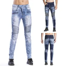 Высококачественные мужские рваные байкерские джинсы обтягивающие светло-голубые потертые kanye west хип хоп Уличная ультрамодные брюки дропшиппинг