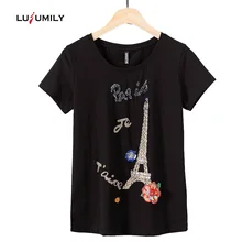 Lusumily Летняя женская футболка, повседневные хлопковые топы с рисунком Эйфелевой башни, черные белые футболки размера плюс, женские футболки 3xl, футболка с бриллиантами