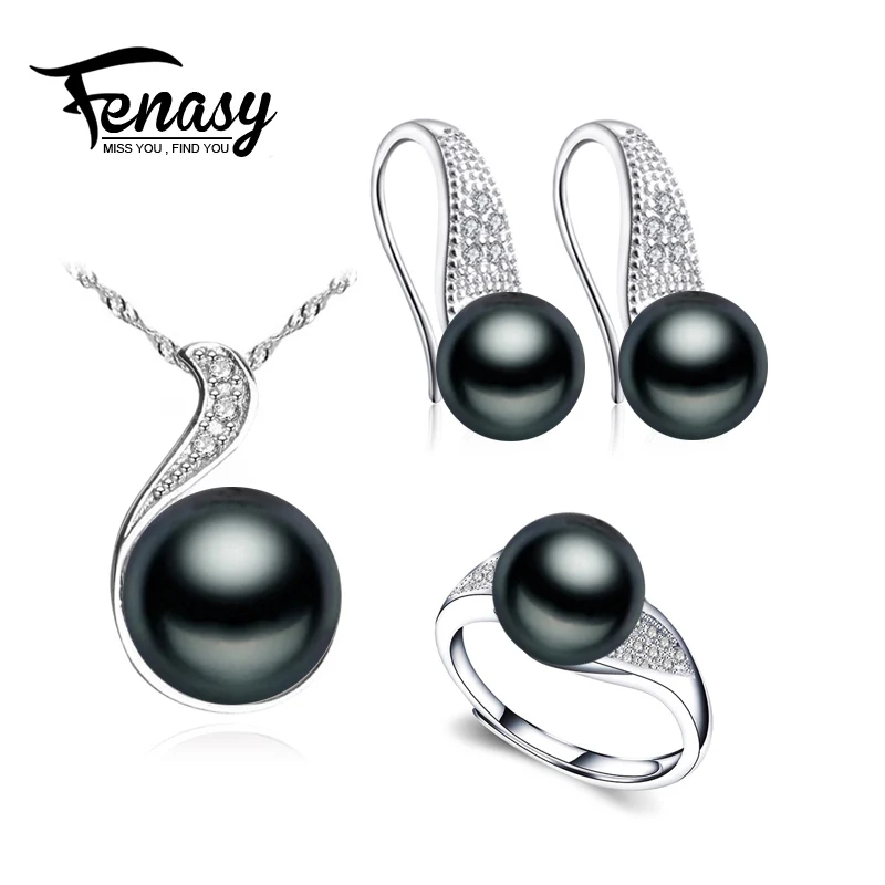 

FENASY 925 Sterling Silver natural pearl jewelry sets for women vintage stud earrings geometric ring set pendant necklace