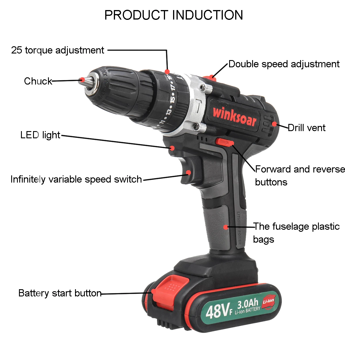  2-speed 48VF Cordless Electric Screwdriver Impact Drill 25+1 Torque Rechargeable Battery Electric D