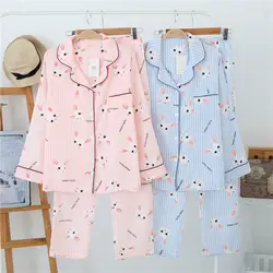 100% хлопковые женские пижамы Пижама с принтом кролика Mujer летние двухслойные газовые тонкие брюки с длинными рукавами домашняя одежда для
