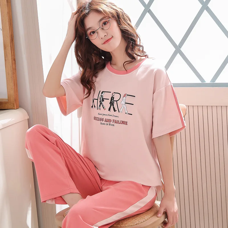 

Printed short-sleeved T-shirt trousers 2pcs pajamas cartoon pyjamas women pijama mujer invierno home clothing large size pink