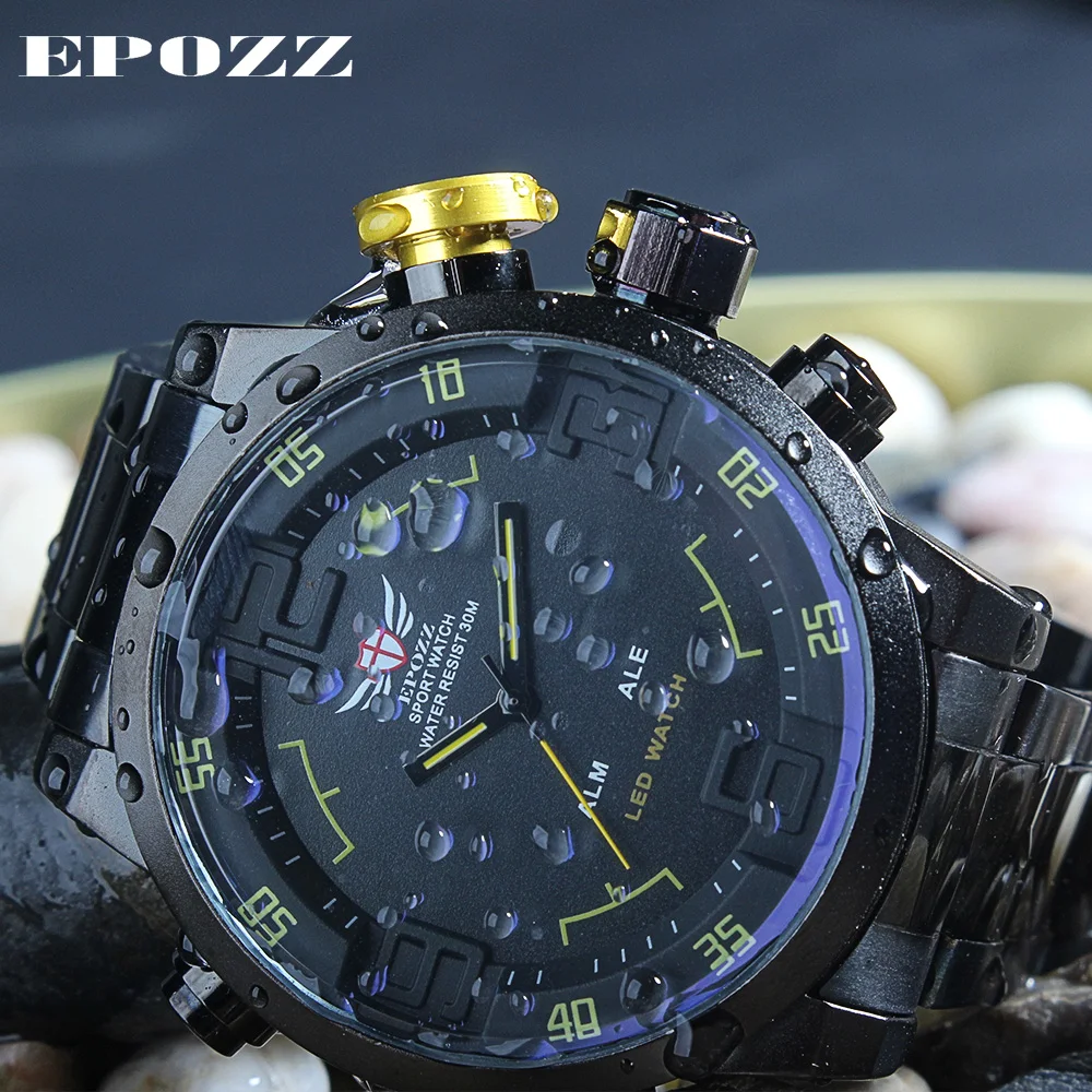 

EPOZZ Sport Watch 3ATM Quartz Digital LED Dual Time Date Day Alarm Chronograph Stainless Steel Band Strap Outdoor Men WristWatch