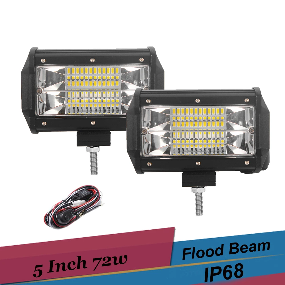 72w Flood Led Light Bar Offroad Lights 5'' Work Light Bar for Jeep