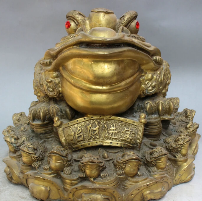 

song voge gem S5421 12" Folk Chinese Brass Zhao Cai Coin FengShui Jump Money Hoptoad Toad Statue