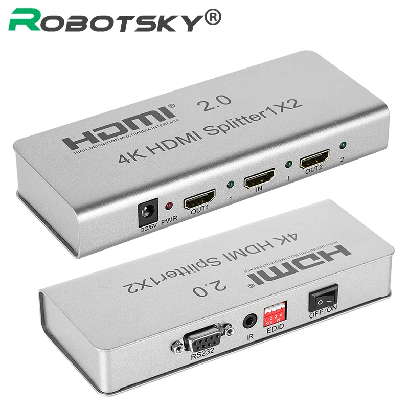 RobotSky HDMI 2.0 Splitter 4K 1X2 2160P 1 IN 2 Out HDMI Splitter Switcher With EDID RS232 HDCP Supp
