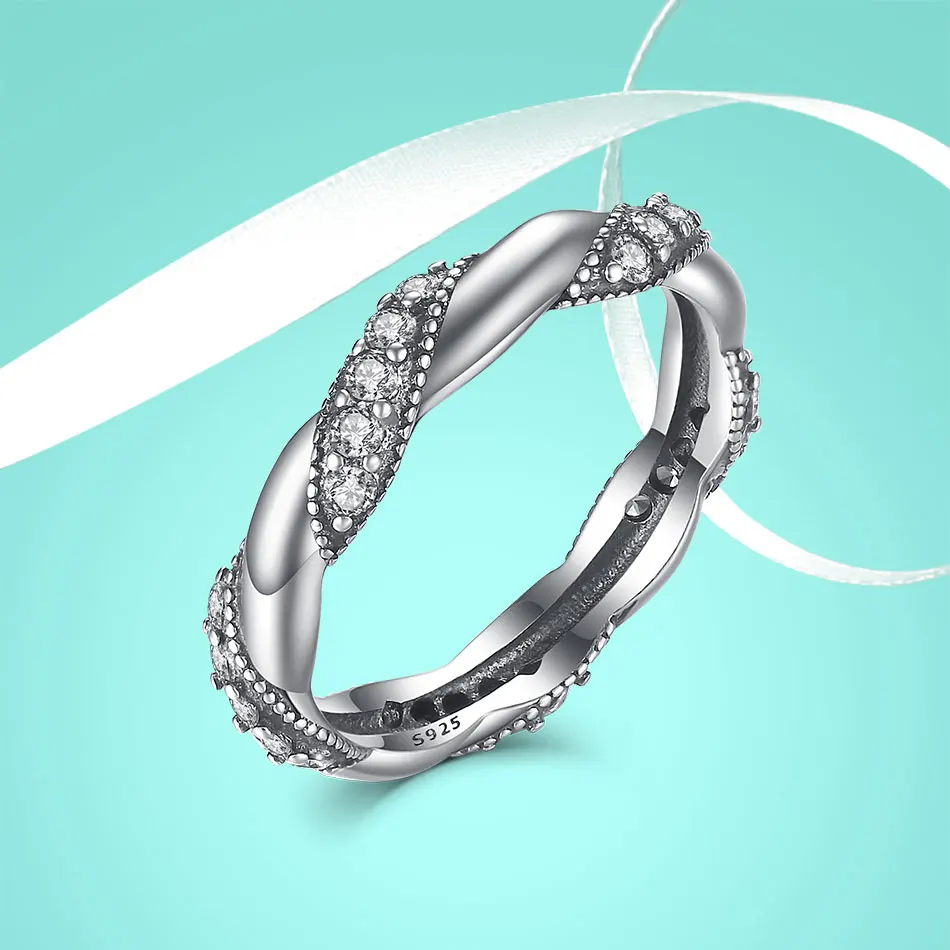 ELESHE Luxury Cubic Zirconia Crystal Ring 925 Sterling Silver Ring Twist Rhinestones Wedding Ring for Women Jewelry bague femme
