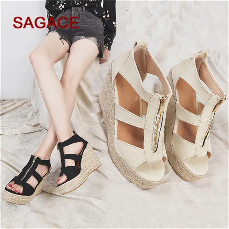 

2019 SAGACE Ladies Wedges Shoes Women Open Toe Breathable Beach Sandals Rome Casual Solid Color Wedges Shoes Scarpe Donna Mujer