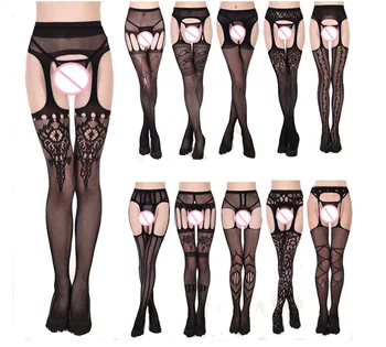 Sexy lingerie lace transparent harness net black sexy free off with waist net stockings non - slip garter Fishnet Tights star decorated net tights