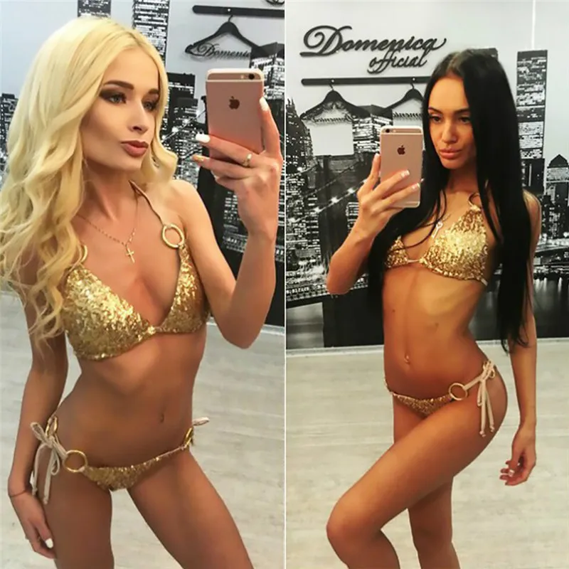 2018 Sequin Bikini Set Sexy Halter Push Up Bra Swimwear Women Bikini (7)