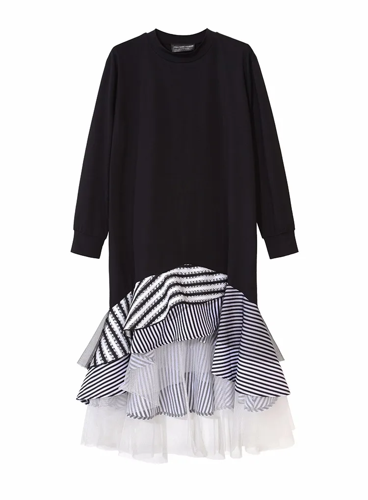 Long Sleeve Patchwork Stripe Mesh Ruffle Flare Asymmetrical Hem T Shirt Midi Dress