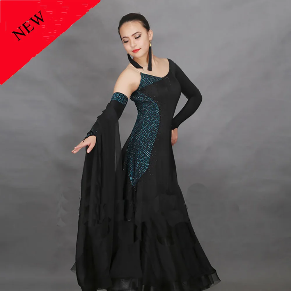 

Popular Modern Dance Dresses for Ladies Black Color Sleeveless Standard Clothes Women Spanish Flamenco Ballroom Waltz Dress B125