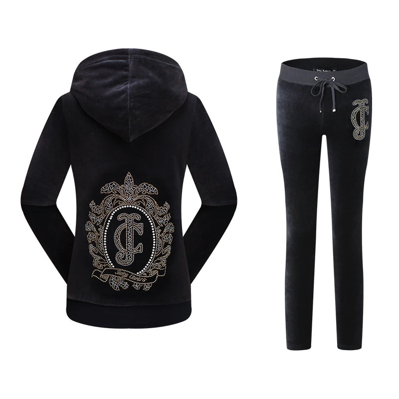 

Juicy Lovers Brand Women Sporting Suits Set Navy Blue Black Green Velvet Casual Tracksuits Hooded Collar Spring Sportswear suit
